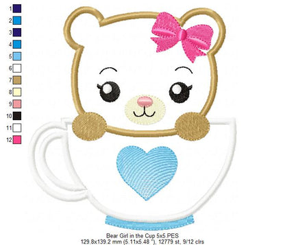 Cute Bear Girl in the Cup - Applique