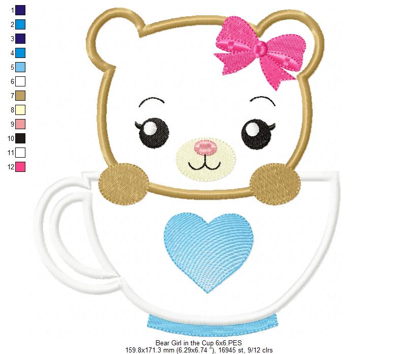 Cute Bear Girl in the Cup - Applique