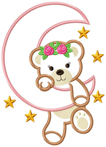 Bear Girl on the Moon - Aplique - Machine Embroidery Design
