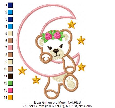 Bear Girl on the Moon - Aplique - Machine Embroidery Design
