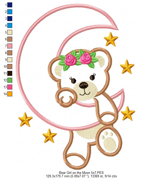 Bear Girl on the Moon - Aplique - Machine Embroidery Design