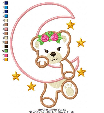 Bear Girl on the Moon - Aplique - Machine Embroidery Design