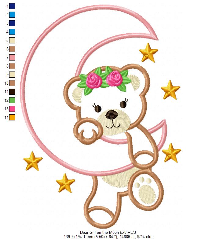 Bear Girl on the Moon - Aplique - Machine Embroidery Design
