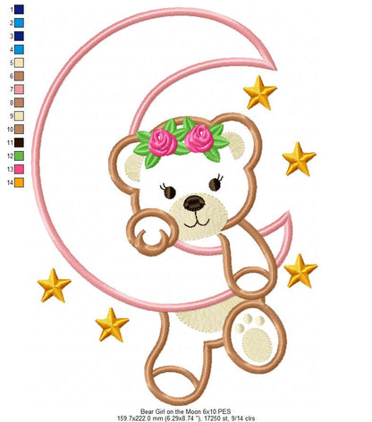 Bear Girl on the Moon - Aplique - Machine Embroidery Design