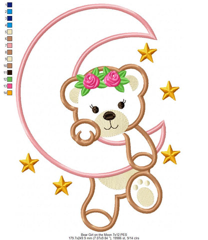 Bear Girl on the Moon - Aplique - Machine Embroidery Design