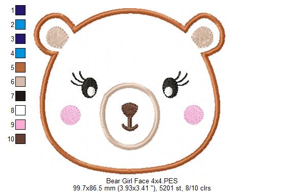 Sweet Bear Girl Face - Appliqué – Machine Embroidery Design