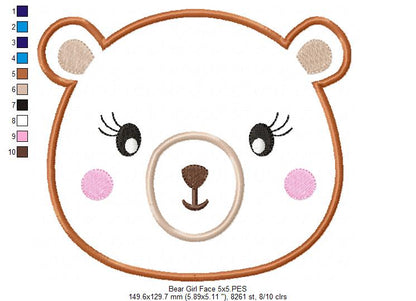 Sweet Bear Girl Face - Appliqué – Machine Embroidery Design