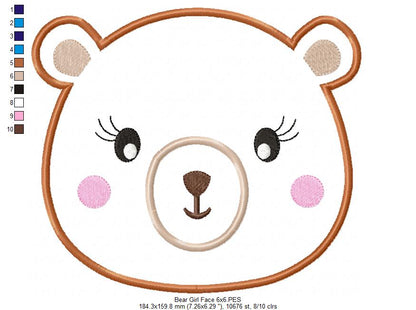 Sweet Bear Girl Face - Appliqué – Machine Embroidery Design