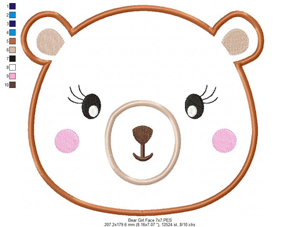 Sweet Bear Girl Face - Appliqué – Machine Embroidery Design