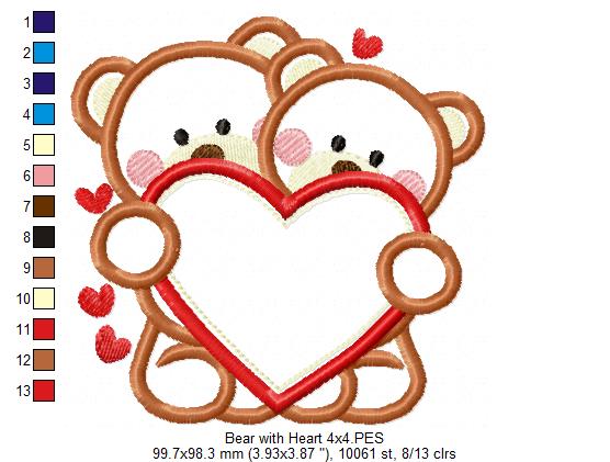 Valentines Bears with Hearts - Aplique - Set of 4 designs