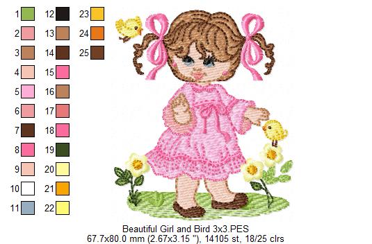 Beautiful Girl and Bird - Fill Stitch
