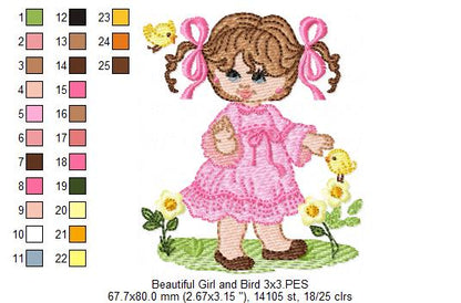 Beautiful Girl and Bird - Fill Stitch