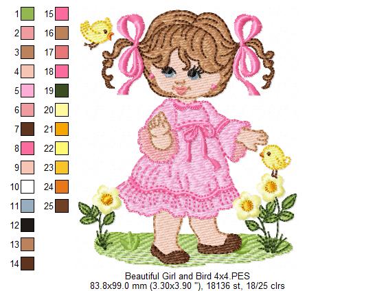 Beautiful Girl and Bird - Fill Stitch