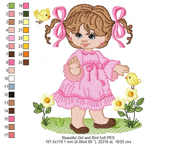 Beautiful Girl and Bird - Fill Stitch