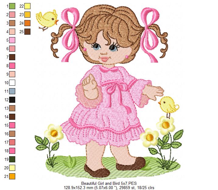 Beautiful Girl and Bird - Fill Stitch