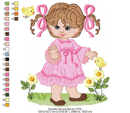 Beautiful Girl and Bird - Fill Stitch