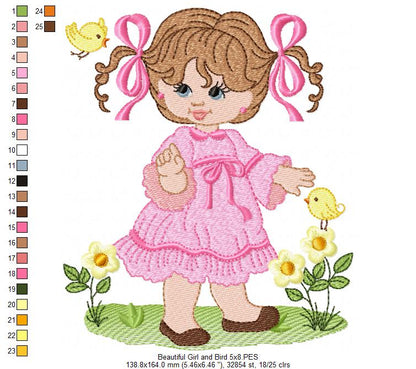 Beautiful Girl and Bird - Fill Stitch