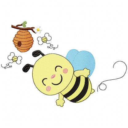 Happy Bumble Bee and Beehive - Fill Stitch - Machine Embroidery Design