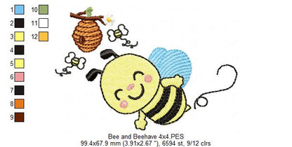 Happy Bumble Bee and Beehive - Fill Stitch - Machine Embroidery Design