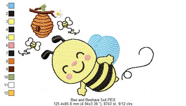 Happy Bumble Bee and Beehive - Fill Stitch - Machine Embroidery Design