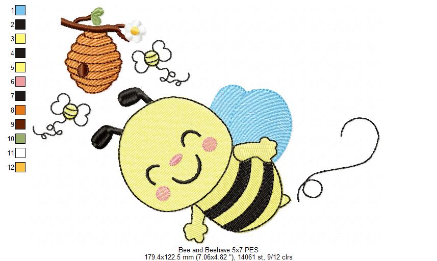 Happy Bumble Bee and Beehive - Fill Stitch - Machine Embroidery Design
