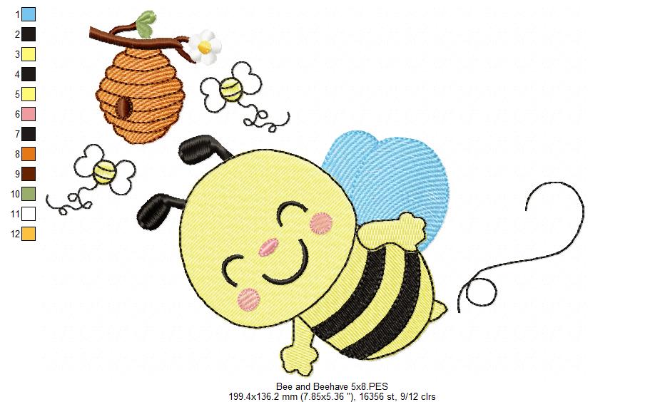Happy Bumble Bee and Beehive - Fill Stitch - Machine Embroidery Design