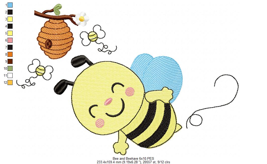 Happy Bumble Bee and Beehive - Fill Stitch - Machine Embroidery Design