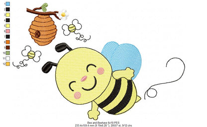 Happy Bumble Bee and Beehive - Fill Stitch - Machine Embroidery Design