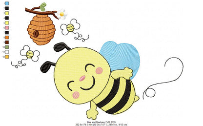 Happy Bumble Bee and Beehive - Fill Stitch - Machine Embroidery Design