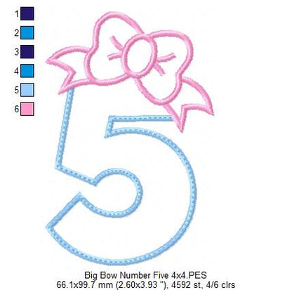 Big Bow Number 5 Five 5th Birthday - Applique