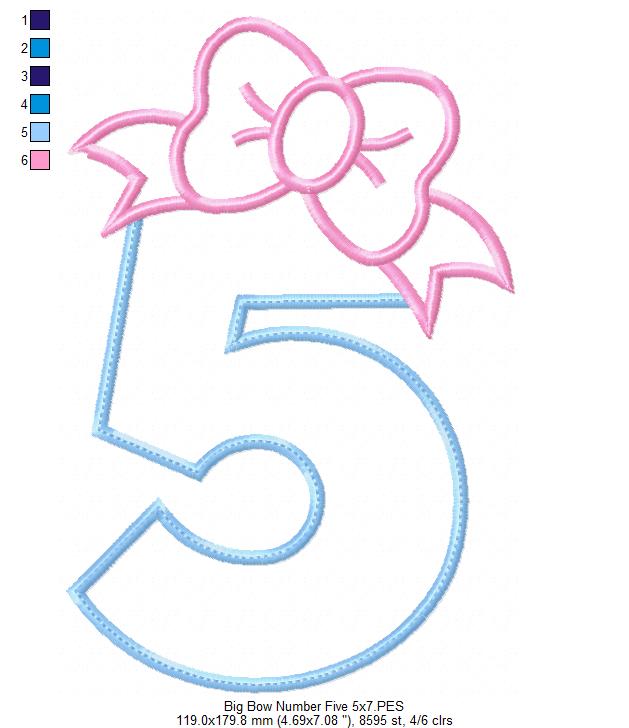 Big Bow Number 5 Five 5th Birthday - Applique