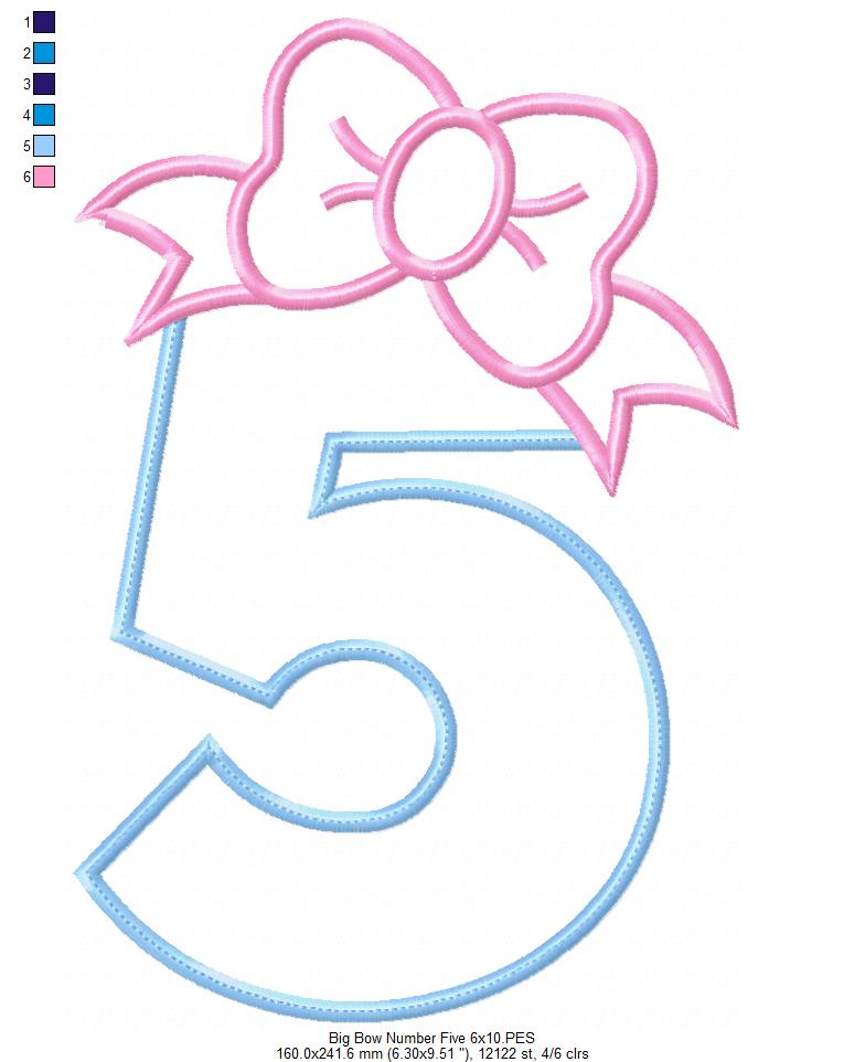 Big Bow Number 5 Five 5th Birthday - Applique