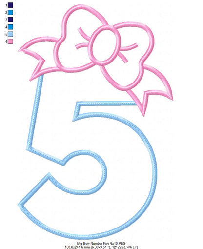 Big Bow Number 5 Five 5th Birthday - Applique