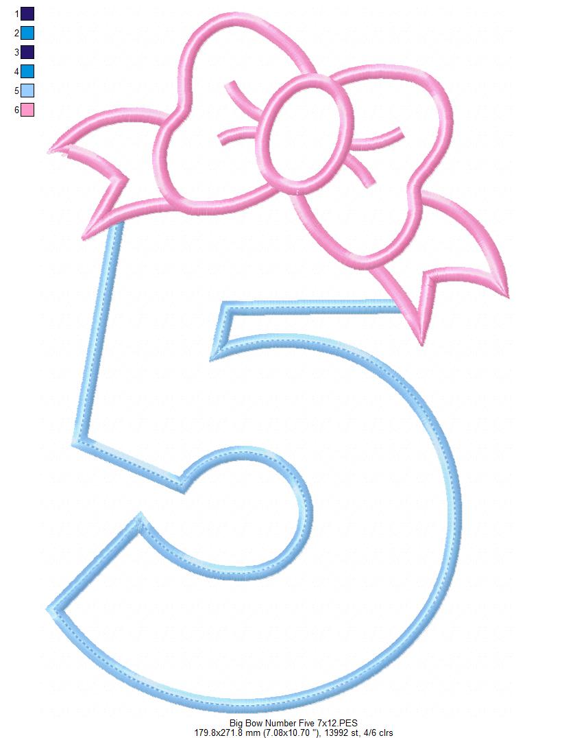 Big Bow Number 5 Five 5th Birthday - Applique