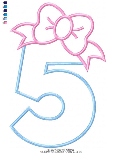Big Bow Number 5 Five 5th Birthday - Applique