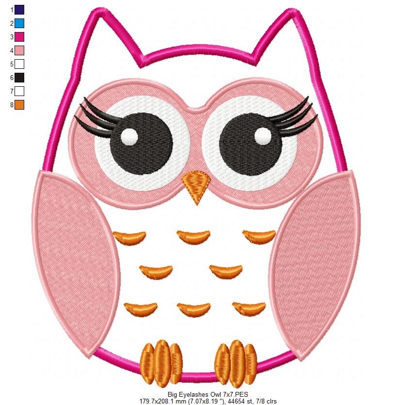 Owl with Big Eyelashes - Applique - 4x4 5x5 6x6 7x7