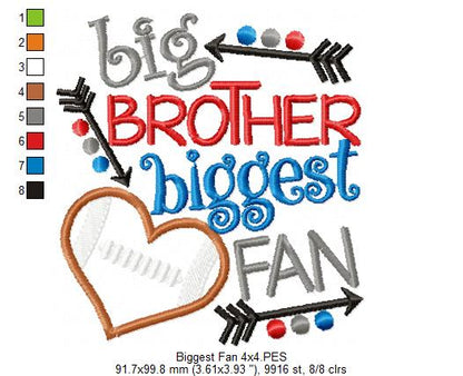 Big Brother Biggest Fan Football Heart - Appliqué - Machine Embroidery Design