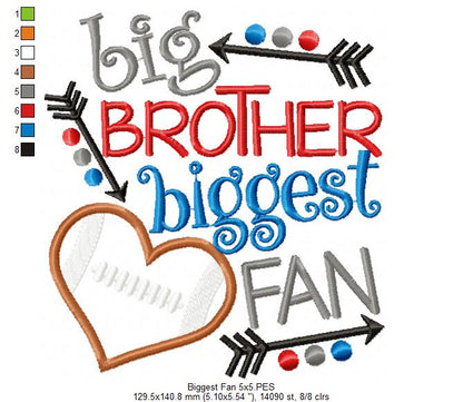 Big Brother Biggest Fan Football Heart - Appliqué - Machine Embroidery Design