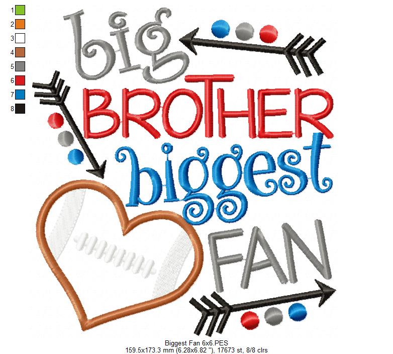 Big Brother Biggest Fan Football Heart - Appliqué - Machine Embroidery Design