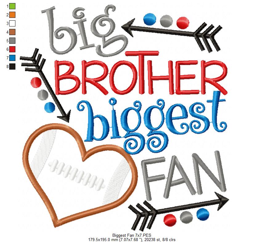 Big Brother Biggest Fan Football Heart - Appliqué - Machine Embroidery Design