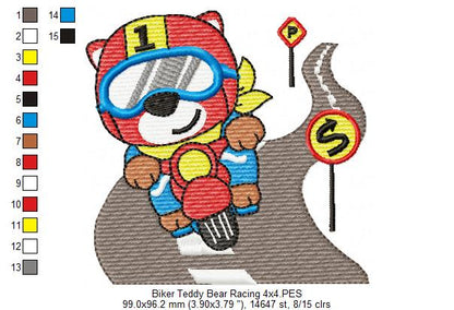 Biker Teddy Bear Racing - Fill Stitch