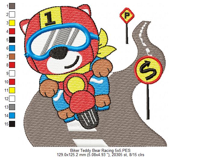 Biker Teddy Bear Racing - Fill Stitch