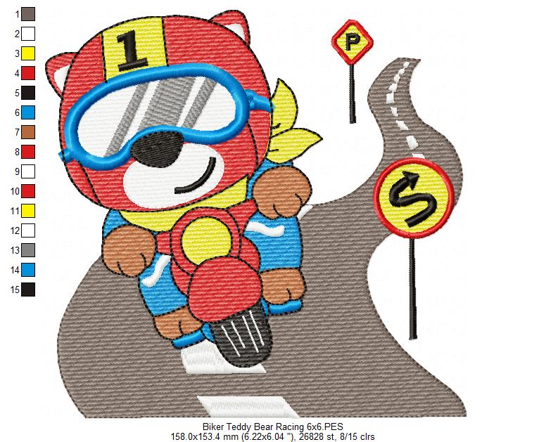 Biker Teddy Bear Racing - Fill Stitch