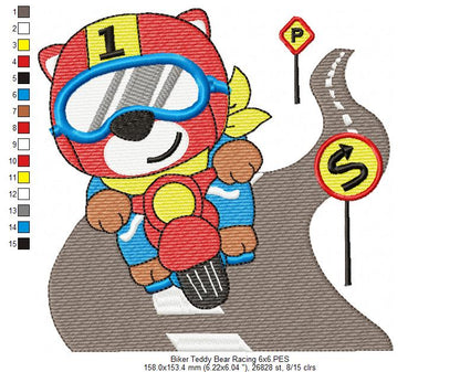 Biker Teddy Bear Racing - Fill Stitch