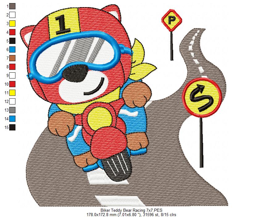 Biker Teddy Bear Racing - Fill Stitch