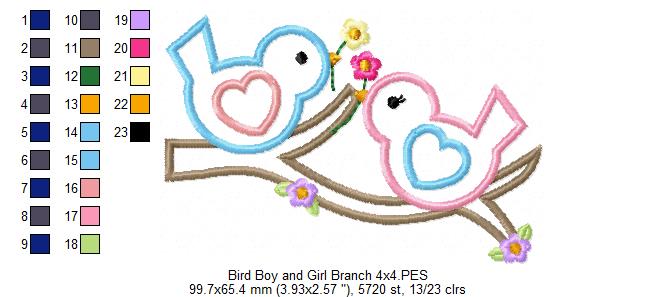 Bird Boy and Girl on a Branch - Applique - Machine Embroidery Design