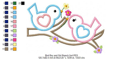 Bird Boy and Girl on a Branch - Applique - Machine Embroidery Design