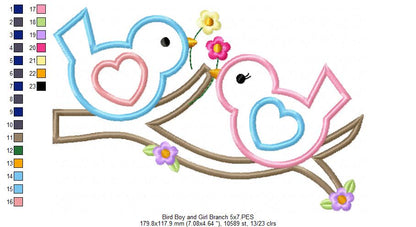 Bird Boy and Girl on a Branch - Applique - Machine Embroidery Design