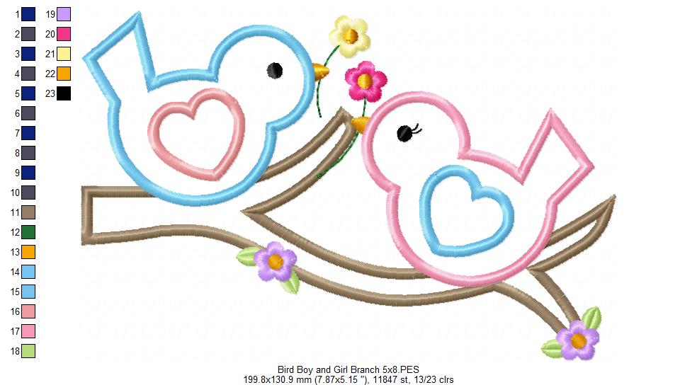 Bird Boy and Girl on a Branch - Applique - Machine Embroidery Design