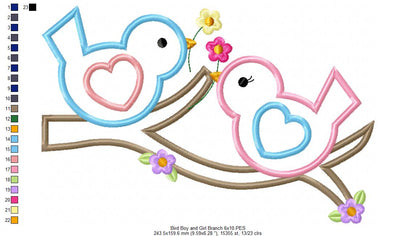 Bird Boy and Girl on a Branch - Applique - Machine Embroidery Design